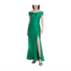 CALVIN KLEIN Womens Green Stretch Zippered Slitted Twist-front Short Sleeve Off